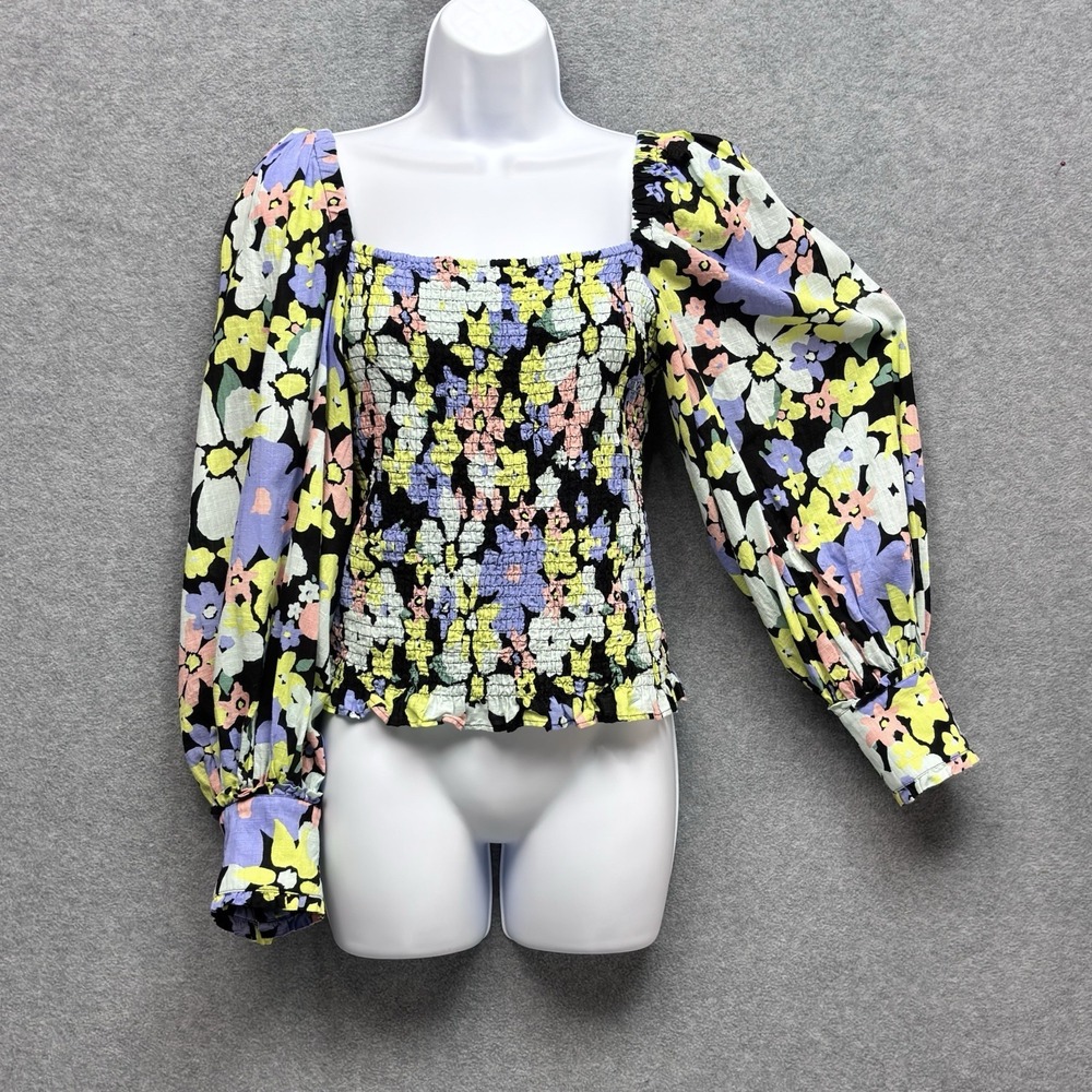 Free People Ariana Smocked Square Neck Floral Long Sleeve Crop Top Womens M